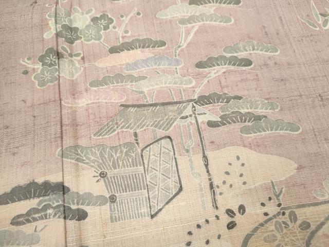 平和屋着物▽訪問着　単衣　生紬　霞松竹梅風景文　正絹　逸品　CAAV9481ze