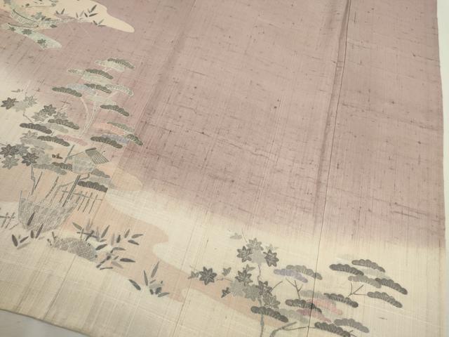 平和屋着物▽訪問着　単衣　生紬　霞松竹梅風景文　正絹　逸品　CAAV9481ze