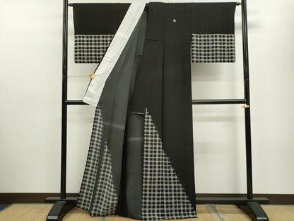 平和屋着物▽訪問着 単衣 格子柄 黒地 洗える着物 CAAV9483ze