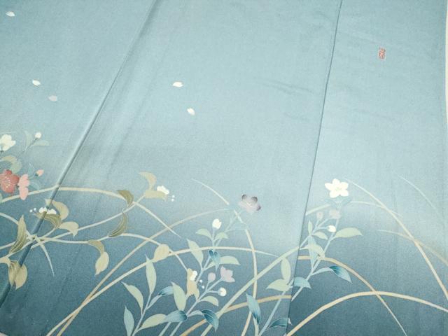 平和屋着物▽訪問着　単衣　友禅　作家物　枝花文　暈し染め　正絹　逸品　CAAV9496ze