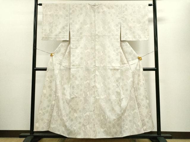 平和屋着物▽上質な紬 単衣 変わり縞吉祥花文 正絹 逸品 CAAV9497ze