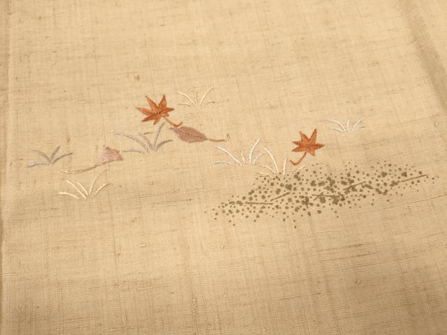 平和屋着物▽訪問着 単衣 紬地 刺繍 草花文 金彩 反端付き 正絹 逸品 CAAV9501ze