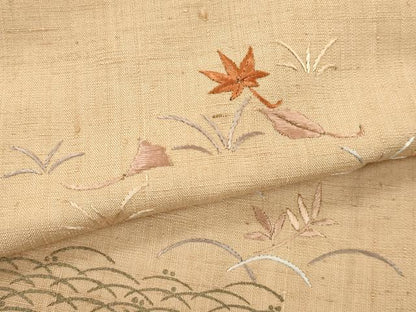 平和屋着物▽訪問着 単衣 紬地 刺繍 草花文 金彩 反端付き 正絹 逸品 CAAV9501ze