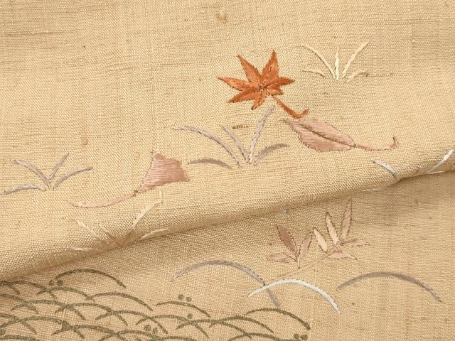 平和屋着物▽訪問着 単衣 紬地 刺繍 草花文 金彩 反端付き 正絹 逸品 CAAV9501ze