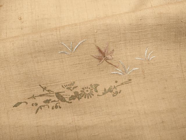 平和屋着物▽訪問着 単衣 紬地 刺繍 草花文 金彩 反端付き 正絹 逸品 CAAV9501ze