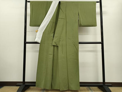 平和屋着物▽上質な色無地 単衣 鶯色 正絹 逸品 CAAV9515ze