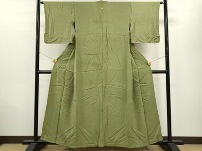 平和屋着物▽上質な色無地 単衣 吉祥地紋 鶯色 正絹 逸品 CAAV9517ze