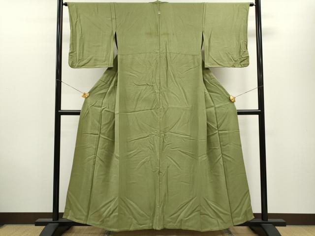 平和屋着物▽上質な色無地 単衣 吉祥地紋 鶯色 正絹 逸品 CAAV9517ze