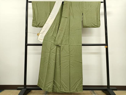 平和屋着物▽上質な色無地 単衣 吉祥地紋 鶯色 正絹 逸品 CAAV9517ze