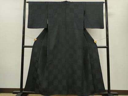 平和屋着物▽上質な小紋 単衣 縞市松文 黒地 さが美扱い 正絹 逸品 CAAV9518ze