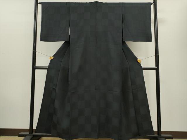 平和屋着物▽上質な小紋 単衣 縞市松文 黒地 さが美扱い 正絹 逸品 CAAV9518ze