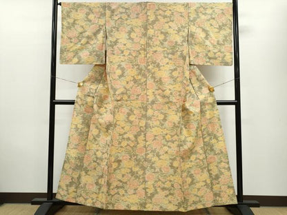 平和屋着物▽上質な紬 単衣 草花文 正絹 逸品 CAAV9521ze