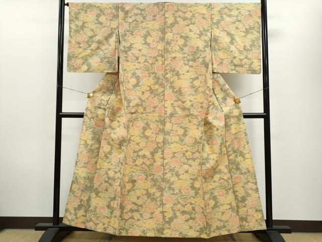 平和屋着物▽上質な紬 単衣 草花文 正絹 逸品 CAAV9521ze