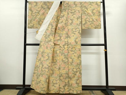 平和屋着物▽上質な紬 単衣 草花文 正絹 逸品 CAAV9521ze