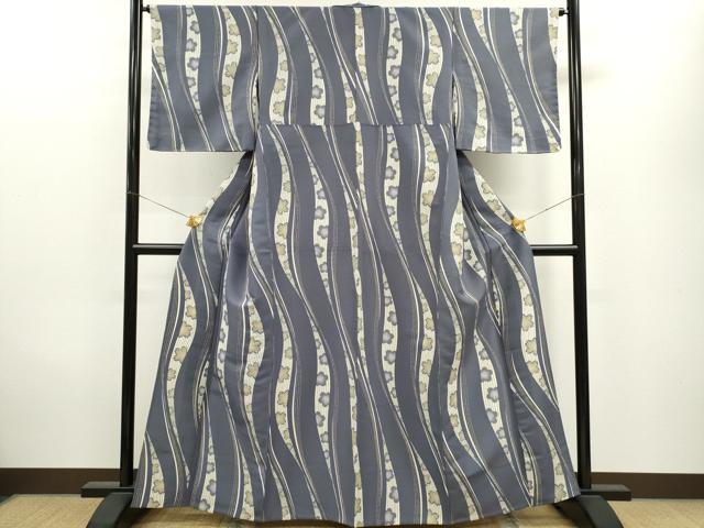 平和屋着物▽小紋　単衣　変わり縞舞梅桜文　洗える着物　CAAV9534ze
