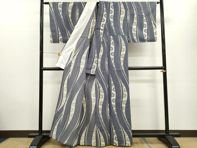 平和屋着物▽小紋　単衣　変わり縞舞梅桜文　洗える着物　CAAV9534ze