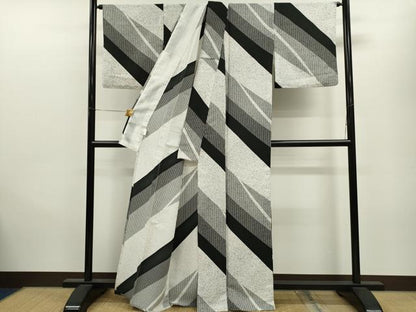 平和屋着物▽小紋　単衣　斜線文　たたき染め　洗える着物　CAAV9536ze