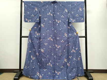 平和屋着物▽小紋 単衣 流水草花舞蝶文 洗える着物 CAAV9543ze