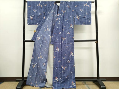 平和屋着物▽小紋 単衣 流水草花舞蝶文 洗える着物 CAAV9543ze