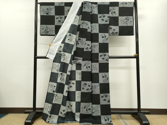 平和屋着物▽小紋 単衣 市松草花文 黒地 洗える着物 CAAV9545ze