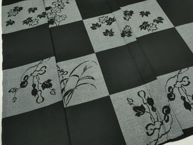 平和屋着物▽小紋 単衣 市松草花文 黒地 洗える着物 CAAV9545ze