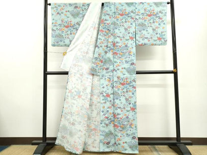 平和屋着物▽小紋　単衣　松竹梅風景花文　洗える着物　CAAV9546ze