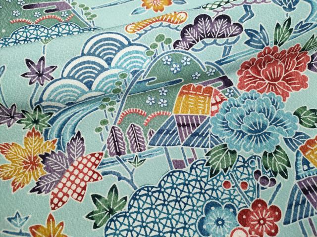 平和屋着物▽小紋　単衣　松竹梅風景花文　洗える着物　CAAV9546ze