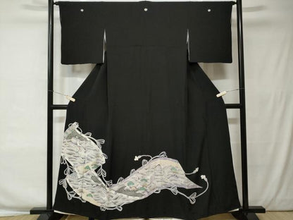 平和屋着物■豪華黒留袖　絵巻飛鶴立波文　金彩　正絹　逸品　CAAW0148ev