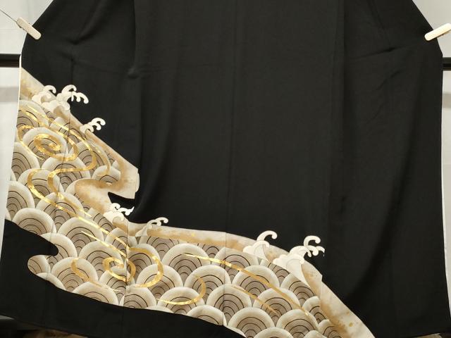 平和屋着物■豪華黒留袖　駒刺繍　青海波　立波文　金彩　正絹　逸品　CAAW0434ev