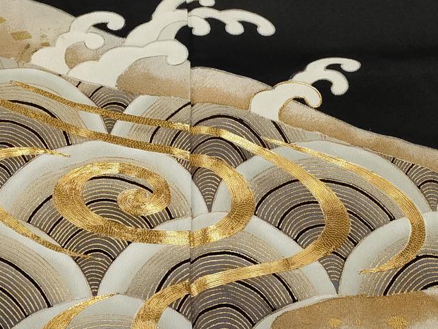 平和屋着物■豪華黒留袖　駒刺繍　青海波　立波文　金彩　正絹　逸品　CAAW0434ev