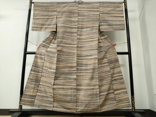 平和屋着物▽上質な紬 単衣 横段文 正絹 逸品 CAAW0841ng