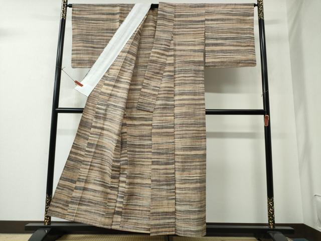 平和屋着物▽上質な紬 単衣 横段文 正絹 逸品 CAAW0841ng