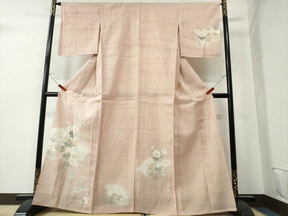 平和屋着物▽訪問着 単衣 生紬 手描き 牡丹菊文 正絹 逸品 未使用 CAAW0847ng