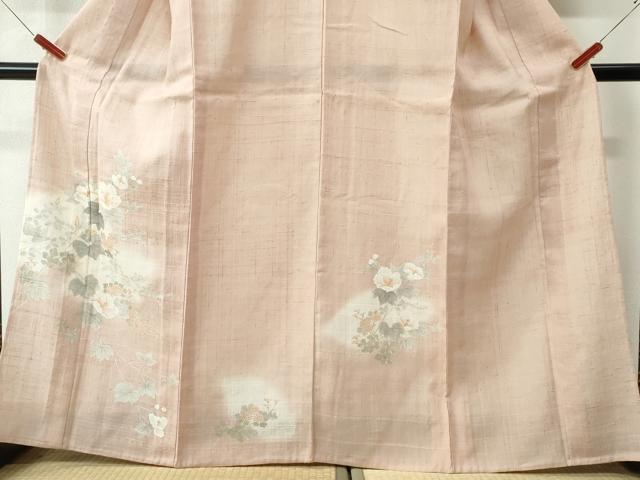 平和屋着物▽訪問着 単衣 生紬 手描き 牡丹菊文 正絹 逸品 未使用 CAAW0847ng