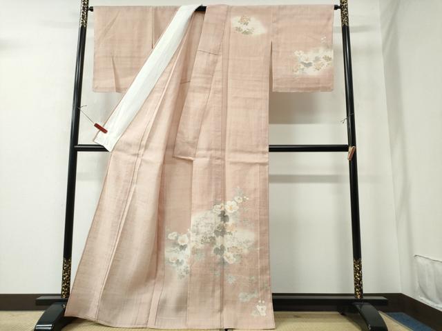 平和屋着物▽訪問着 単衣 生紬 手描き 牡丹菊文 正絹 逸品 未使用 CAAW0847ng