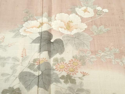 平和屋着物▽訪問着 単衣 生紬 手描き 牡丹菊文 正絹 逸品 未使用 CAAW0847ng