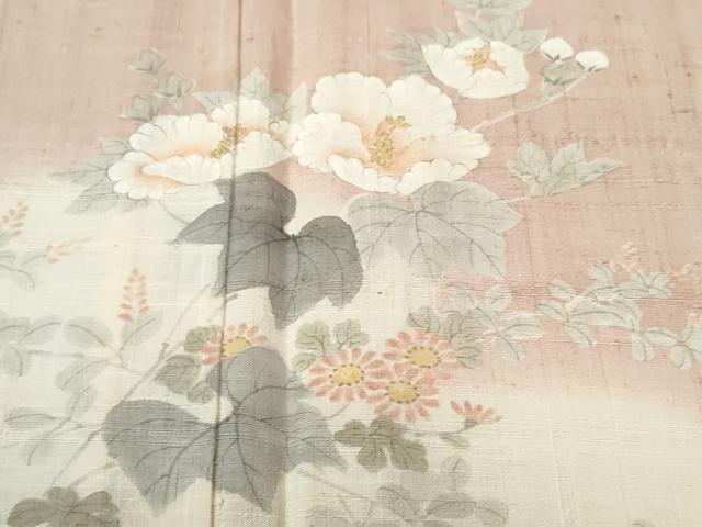 平和屋着物▽訪問着 単衣 生紬 手描き 牡丹菊文 正絹 逸品 未使用 CAAW0847ng