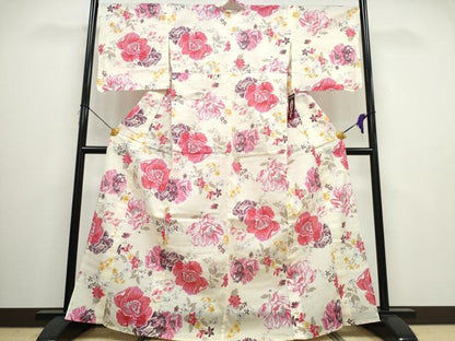 平和屋着物∴夏物 浴衣 綿紅梅 牡丹 綿 逸品 未使用 CAAW0932ng
