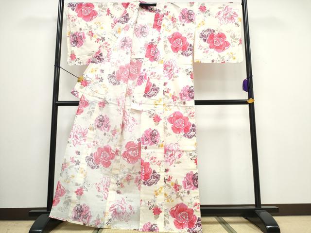 平和屋着物∴夏物 浴衣 綿紅梅 牡丹 綿 逸品 未使用 CAAW0932ng