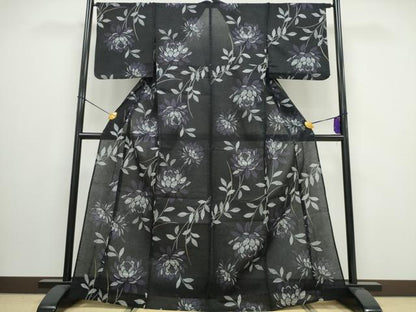 平和屋着物∴夏物　浴衣　綿紅梅　草花文　黒地　銀糸　綿　逸品　CAAW0936ng
