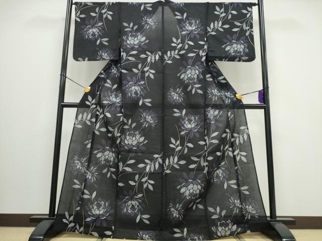 平和屋着物∴夏物　浴衣　綿紅梅　草花文　黒地　銀糸　綿　逸品　CAAW0936ng