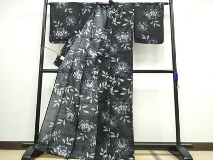 平和屋着物∴夏物　浴衣　綿紅梅　草花文　黒地　銀糸　綿　逸品　CAAW0936ng