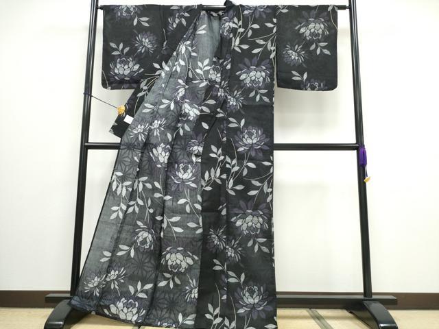 平和屋着物∴夏物　浴衣　綿紅梅　草花文　黒地　銀糸　綿　逸品　CAAW0936ng