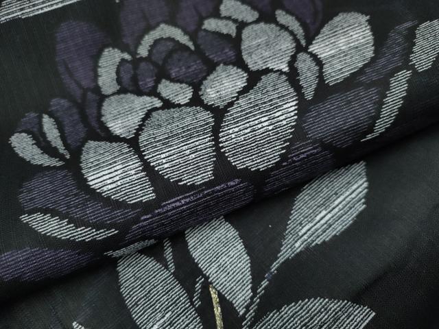 平和屋着物∴夏物　浴衣　綿紅梅　草花文　黒地　銀糸　綿　逸品　CAAW0936ng
