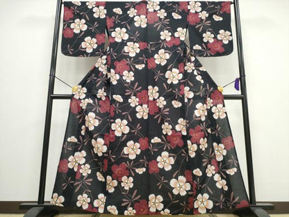 平和屋着物∴夏物 浴衣 草花文 黒地 綿 逸品 CAAW0940ng