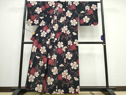 平和屋着物∴夏物 浴衣 草花文 黒地 綿 逸品 CAAW0940ng
