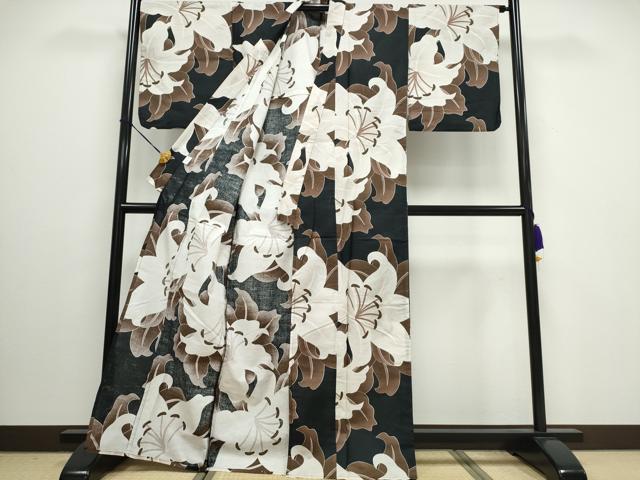 平和屋着物∴夏物　浴衣　百合　黒地　綿　逸品　CAAW0943ng