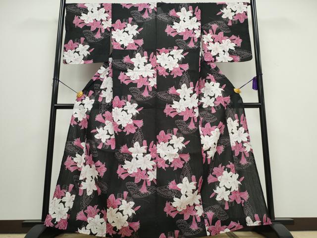 平和屋着物∴夏物 浴衣 百合 舞蝶文 黒地 綿 逸品 CAAW0946ng