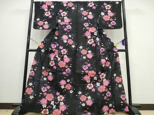 平和屋着物∴夏物 浴衣 舞花文 黒地 綿 逸品 CAAW0955ng
