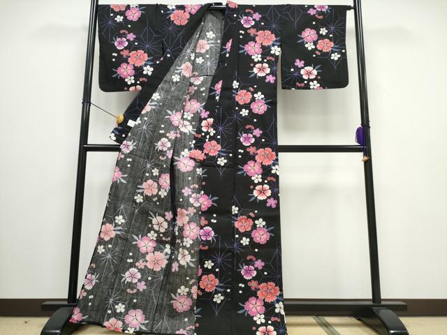 平和屋着物∴夏物 浴衣 舞花文 黒地 綿 逸品 CAAW0955ng